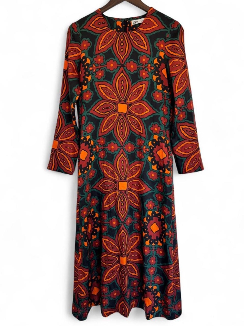 Patterned Floral Boho Long Sleeve Small Midi Dress Zara Red Orange Boho Retro